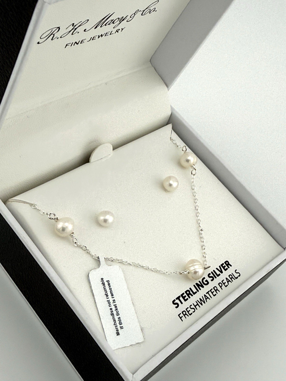 Freshwater Pearl Necklace + Earrings Set Sterling Silver 6mm 3 Pearl Station NEW